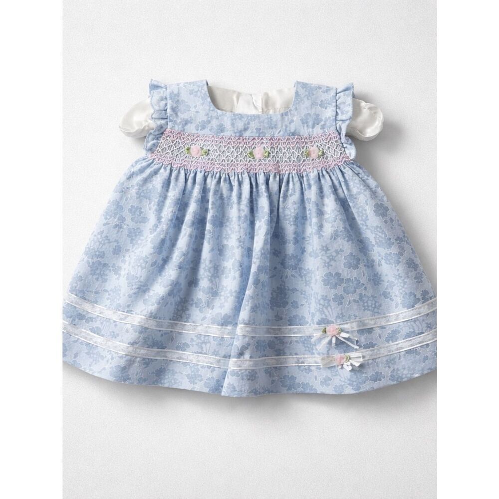 Little Bitty blue hand smocked embroidered vintage dress 3-6 months
